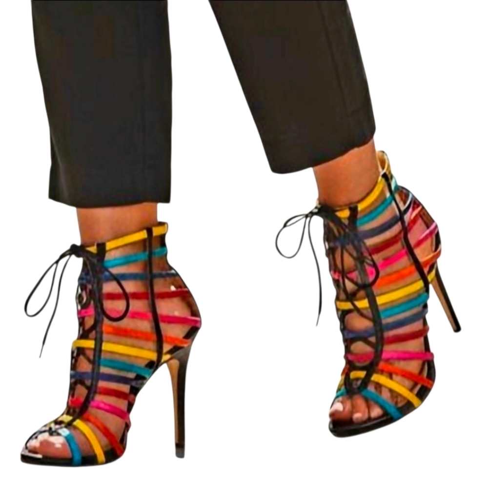 SHIEKH | Tiffani-2 Rainbow Lace-Up Faux Leather 4.5" Stilettos | Size 8.5 | NWOT